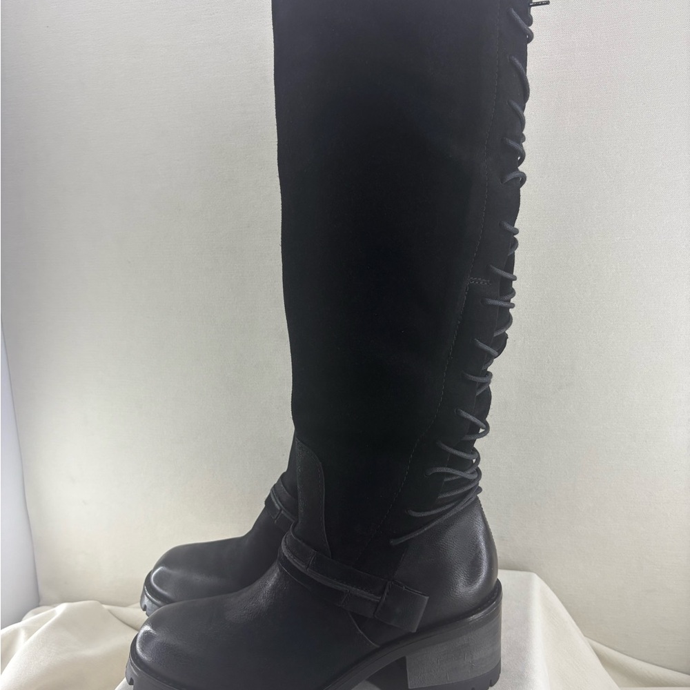 Miz Mooz Black Knee-High Lace-Up Heeled Boots
